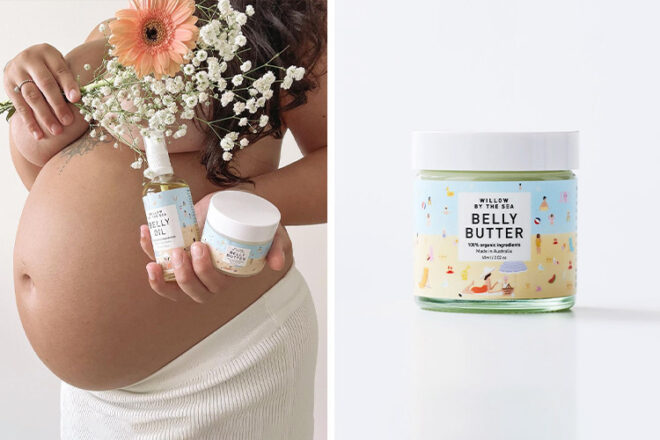 Willow By The Sea Belly butter in a 60ml glass jar held by a pregnant woman 