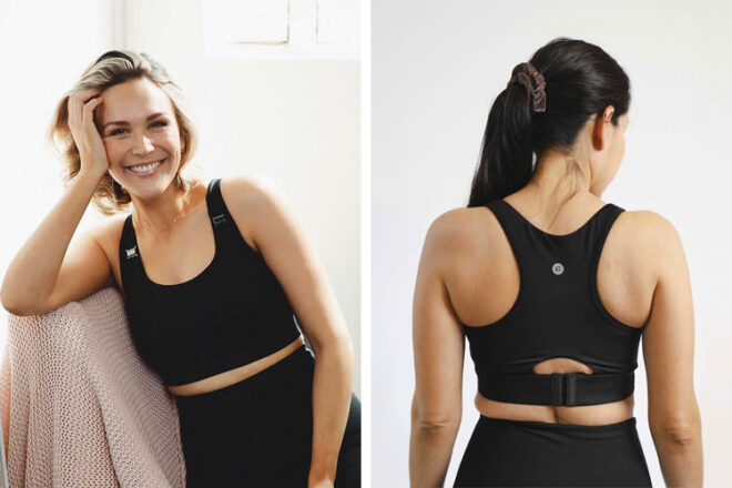 Two women wearing the Active Truth Mama Maternity Sports Bra in black