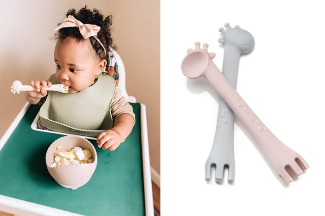 Toddler using Ali and Oli baby cutlery next to two spoons showing colour and giraffe shape with ergonomic design shape