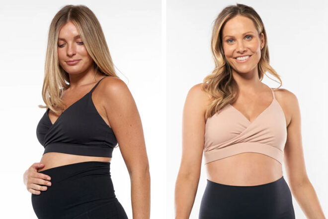 Two women wearing Bae the Label BodyHold Set In Motion Nursing Bra in black and nude