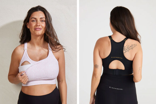 A woman wearing the Bloomberri Aubree Nursing Crop in Pink Speckle and Black