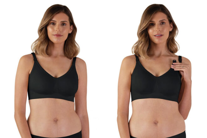 A woman wearing the Bravado Designs Body Silk Seamless Sustainable Nursing Bra in Black