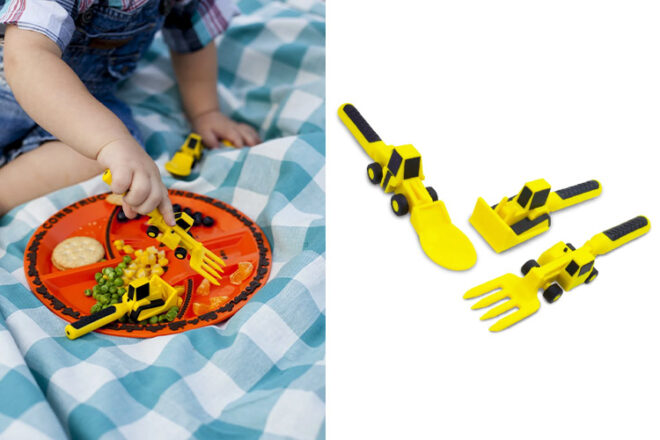 Toddler using Constructive Eating baby cutlery next to cutlery set showing colours, size and creative design