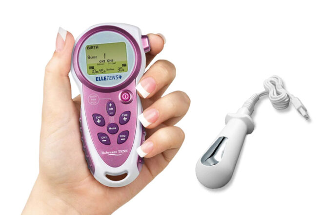 Ladies hand holding Elle TENS Pro machine in hand showing size and scale and the attachment near by