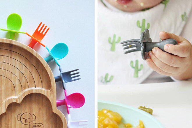 Baby using Grabease baby cutlery next to a rainbow of spoons and forks showing the range of colours
