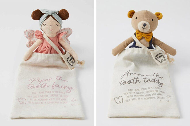 Piper and Archie side by side with their pouches showing the pinks of the fairy and the blues and oranges of the teddy bear