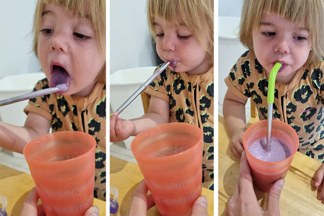Kirra's son drink Optivance Toddler Smoothie through a straw