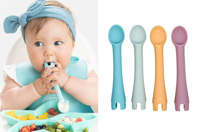 Toddler using Little Woods baby cutlery to eat their meal next to four spoons showing range of colours offered