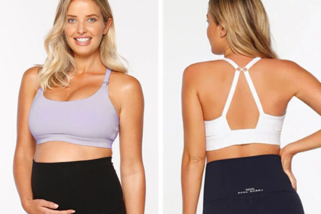 Lorna Jane Sports Nursing bra showing front view with clips in purple and back view in white
