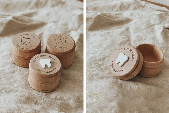 Marley Studio tooth fairy boxes in natural wood showing their acrylic and laser etched designs beside an open box.