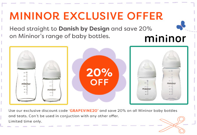 Coupon to receive 20% off Mininor Baby Bottles at Danish by Design using code GRAPEVINE20