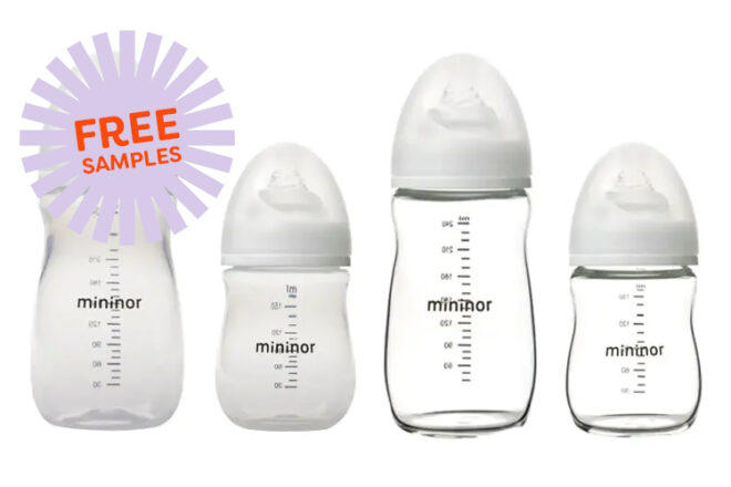 Four Mininor bottles standing in a row including glass and PPU in sizes 240ml 160ml.