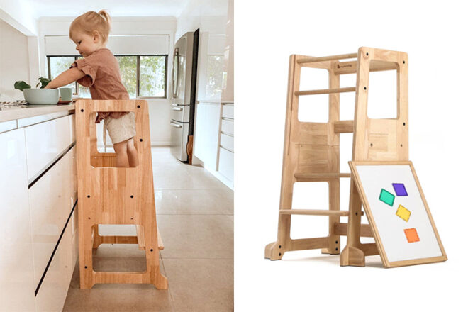 My Duckling LOLA Deluxe Solid Wood Adjustable Learning Tower showing two side views, one with the back board attached the other with the back board as a magnet playboard