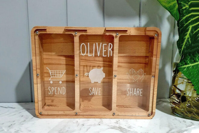 My Family Rules Wooden Money Box showing spend, save and give compartments