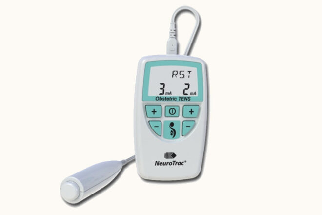 Neurotic showing white obstetric tens machine with blue buttons