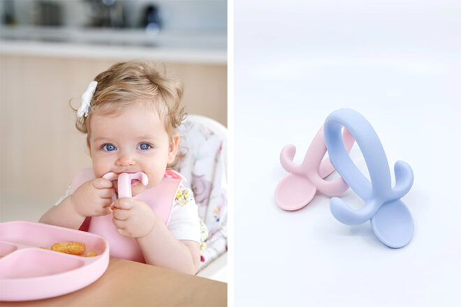 Toddler using Nibble and Rest baby cutlery next to two spoons showing colours and size