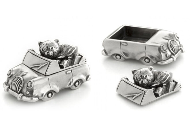 Teddy bears picnic designed car in pewter showing what the box looks like both open and closed