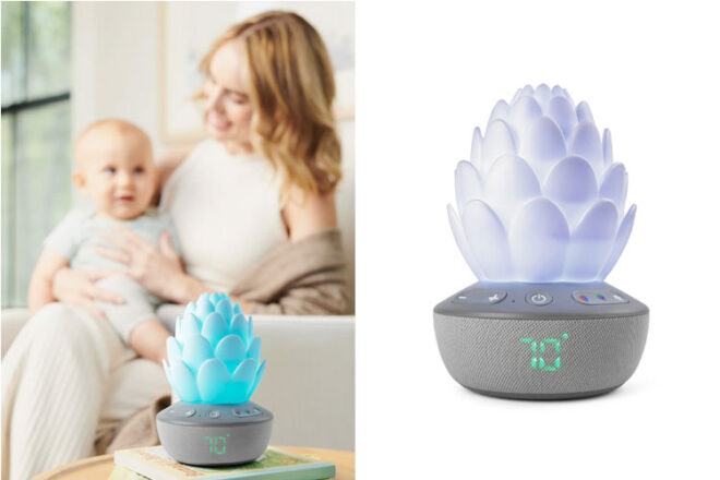 Mother and baby with the Skip Hop Terra Cry-Activated Soother next to an image of the sound machine