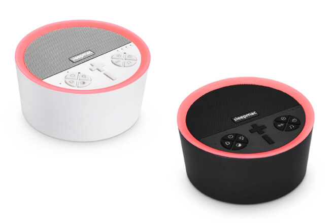 Sleepmac Pink noise machine and night light in top view showing the controls in snow and black