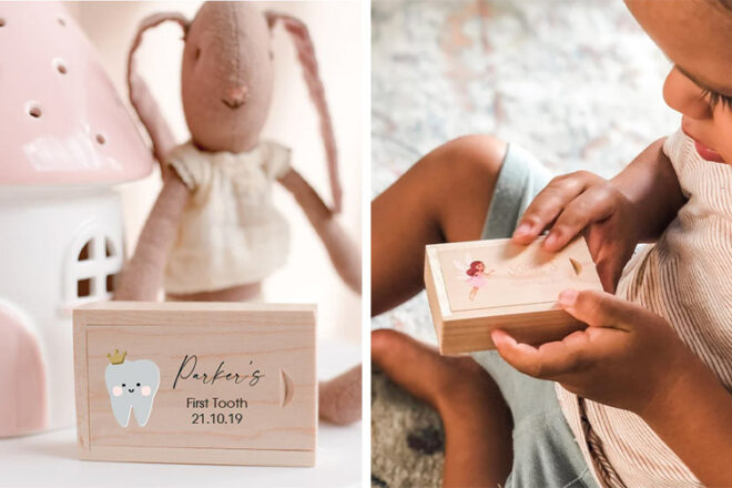 Leaf Designs showing a child begin to slide open the tooth box next to a personalised natural wooden tooth box
