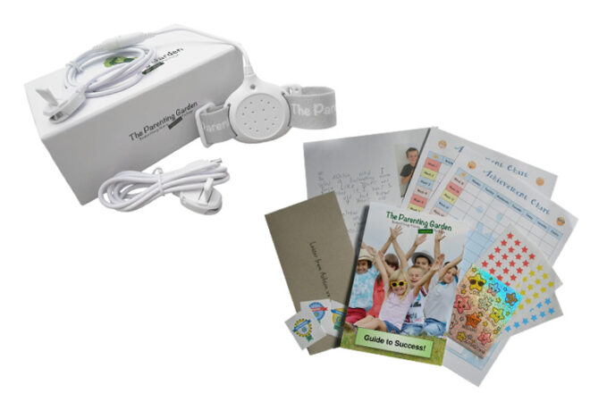 The parenting garden package showing both wearable device with guide, stickers and charts