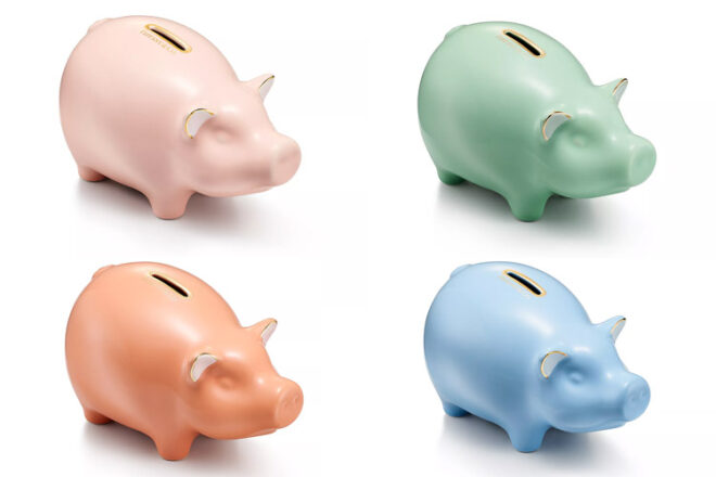Tiny Tiffany's earthenware piggy banks in orange, green, pink and blue