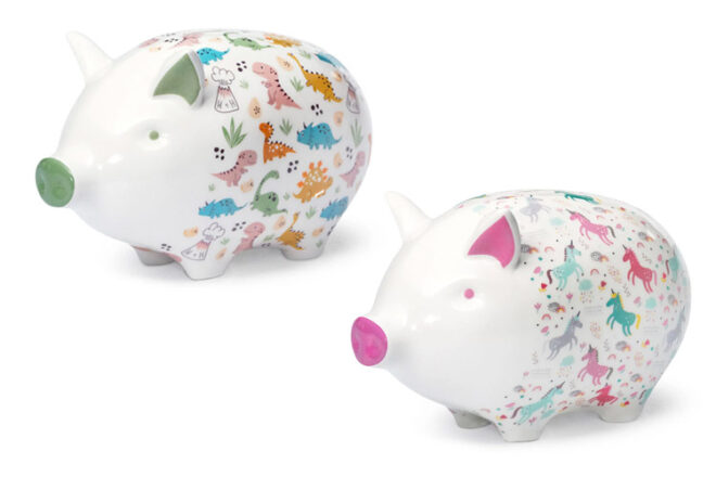 Tilly Pig money boxes showing Limited edition Unicorn and Dinosaur designs from the side angle.