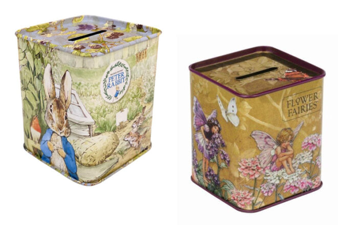 Tinco Money boxes showing Peter Rabbit and Little Fairies tin boxes from the side view