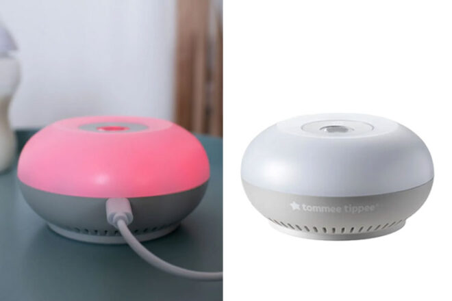 Tommee Tippee Dreammaker White Noise Machine showing the machine with the night light on and off.
