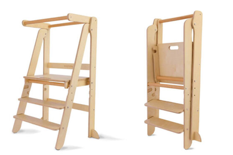 Side by side images of the Toypark Folding Learning Tower showing it open and folded closed