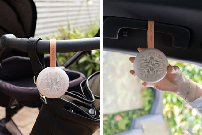 ergoPouch Drift Away Sound Machine showing it hanging on a pram and hanging in a car