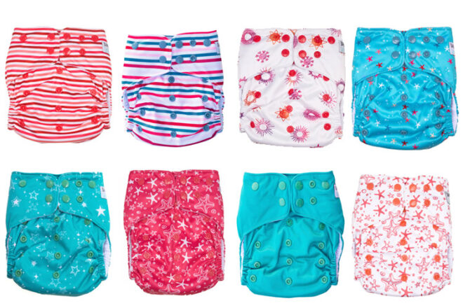 A collection of Bamboo Grove Co reusable cloth nappies showing all designs side by side