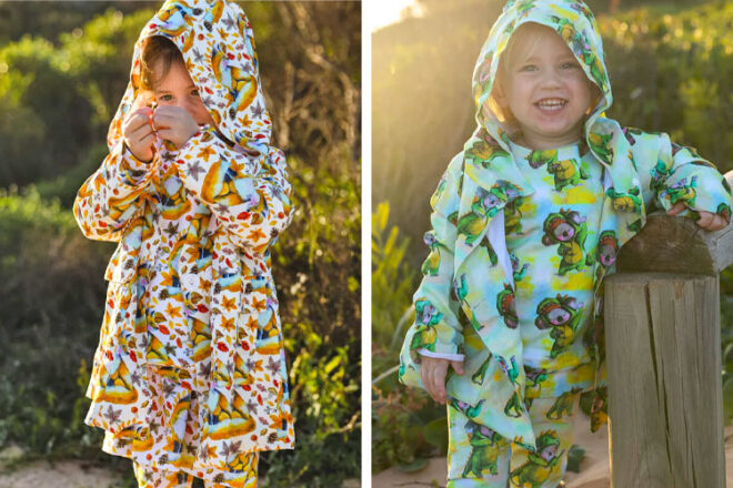 Cheeky Chickadee raincoats worn by two children showing the range of patterns and styles