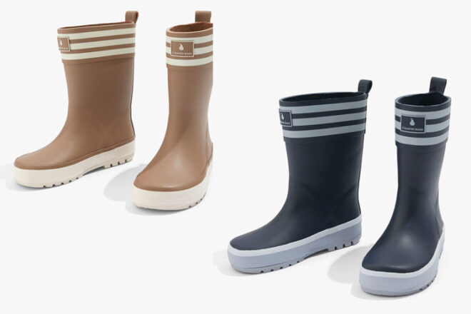 Classic Country Road kids gumboots in navy and taupe showing side and front view