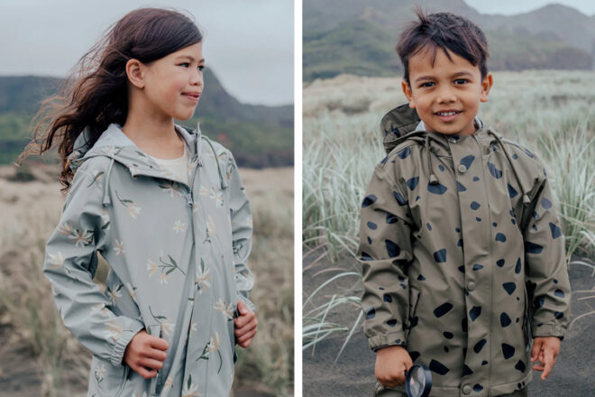 Cry Wolf Toddler Raincoat in Forget Me Knot and Khaki Stone