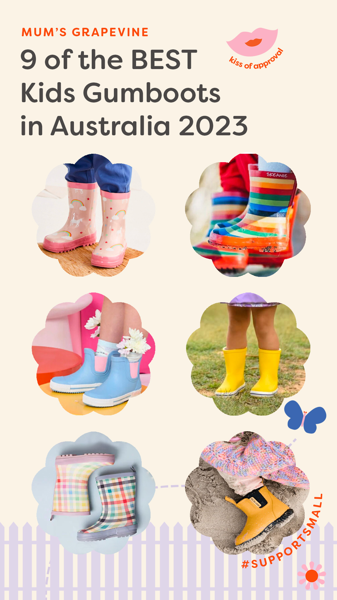 Collection of six brands of designer gumboots with text ( of the Best Kids Gumboots in Australia
