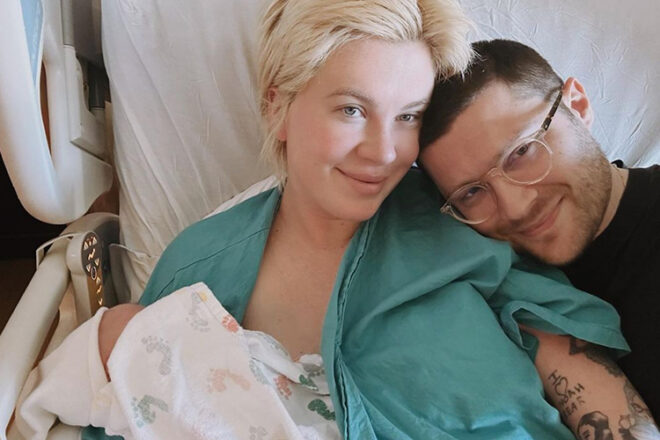 Ireland Baldwin and husband RAC holding baby Holland in hospital