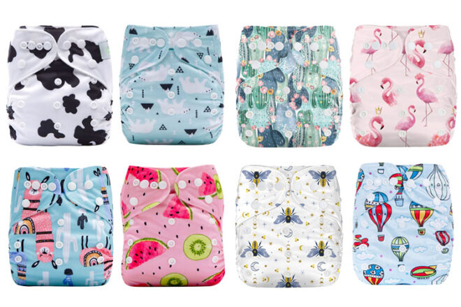 Selection of Lulu & Finn cloth nappies showing eight different designs