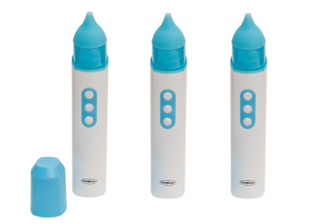 Medescan L'il Booger Buster rechargeable nasal aspirator showing the simplistic design from the front view and nozzle cap