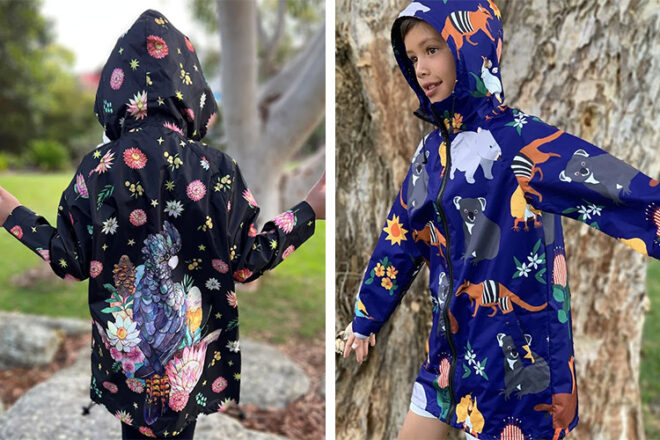 Monsterthreads children rain jackets worn by two children showing the range of patterns and styles