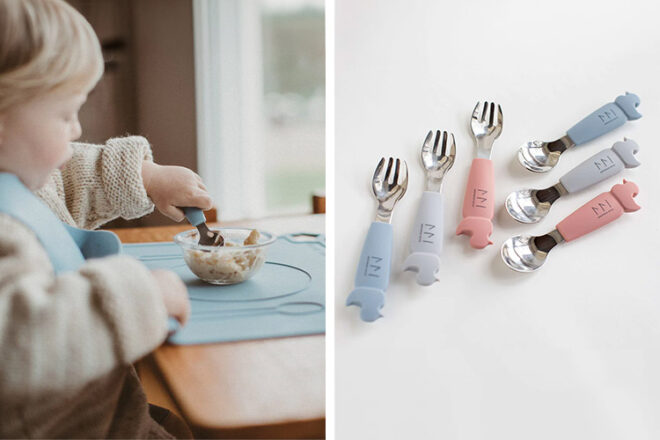 Toddler using Montessori Mates baby cutlery next to three spoons and three forks showing the different pastel colours and sizes