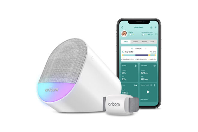 Oricom Guardian Plus Wearable Sleep Tracker + Smart Soother showing side view and Hubble Club Partners App.