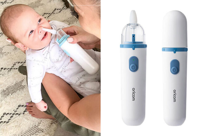 Mother using Oricom baby nose aspirator, next to clear front view showing power button and nasal tip, as well as device with cap, for comparison.