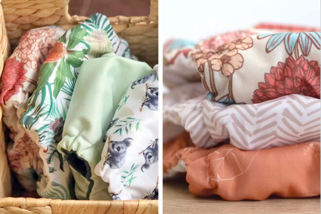 Two baskets side by side showing Pea Pods Cloth Nappy designs
