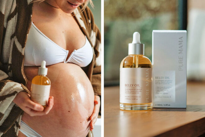 A pregnant woman using Pure Mama Belly Oil on her baby bump