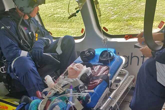 A sick baby is airlifted to hospital.