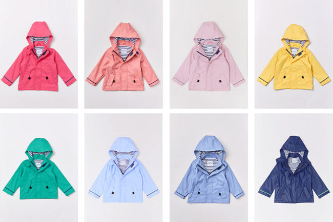 A collage of Rainkoats rain jackets for toddlers showing the range of colours they offer