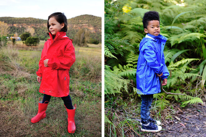 Children wearing red and blue rain jackets showing Rainbird stye and colour selections