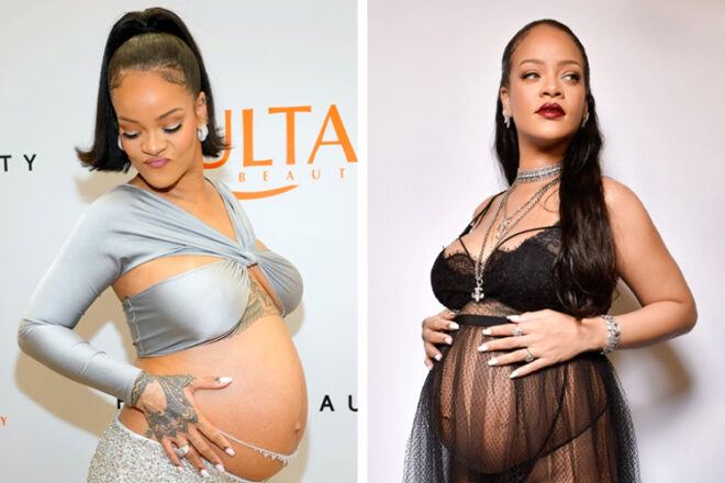 Rihanna while pregnant showing off her baby bump in her maternity style
