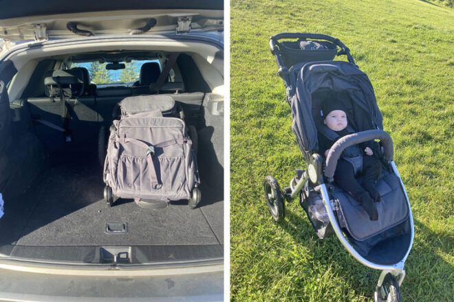 The Bumbleride Indie pram folded up in the car boot next to an image of a baby sitting in the pram
